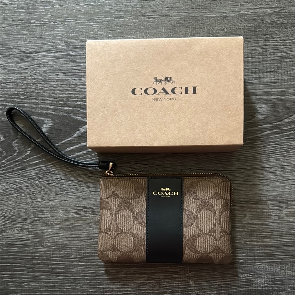 Coach Signature Brown Wristlet with Black Detail